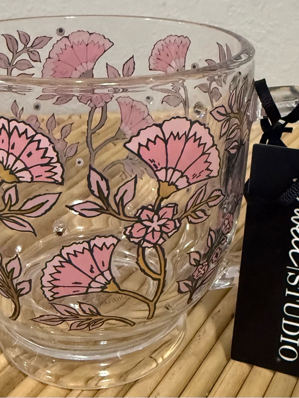 Dwell Studio Clear Glass Footed Mug Blue Floral & Rhinestones